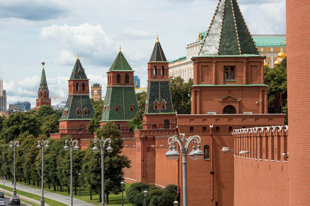 Moscow, Russia-May 25, 2020: View of Moscow on a summer day. traffic jam. Grand Kremlin Palace. Kremlin embankment. popular tourist attraction. Business card of Moscow.のeditorial素材