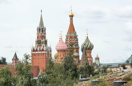 Moscow, Russia-July 25, 2020: view of Moscow on a cloudy summer day. capital of Russia. Grand Kremlin Palace. Spasskaya tower and St. Basil's Cathedral. popular tourist attraction.のeditorial素材
