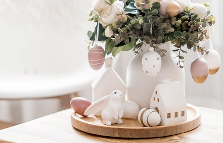 A beautiful postcard. The concept of the Bright Easter holiday. Flowers, rabbits, Easter eggs and...