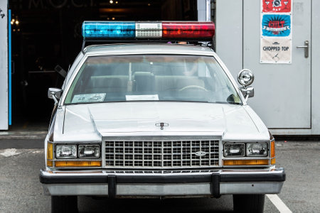 Russia, Moscow, August 14, 2020: Retro car of the Sheriff in the Museum. Red and blue lights and a special signal on the roof of the County Sheriff's car.のeditorial素材