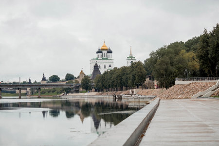 Beautiful evening panoramic view of the medieval Pskov Kremlin in cloudy weather, Russia, city. Pskovのeditorial素材