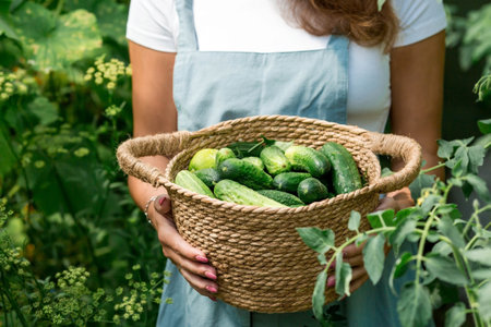 Hands of a girl with a wicker basket close-up. A farmer woman in a cotton apron holds cucumbers. The...