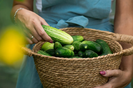 Hands of a girl with a wicker basket close-up. A farmer woman in a cotton apron holds cucumbers. The concept of harvesting in a greenhouse.の写真素材