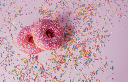 Delicious dessert. Pink donuts with multicolored sprinkles on a pink background of Sweets. confectionery products.の写真素材