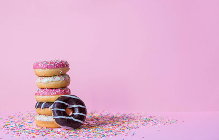 Delicious dessert. Pink, white and chocolate donuts with multicolored sprinkles on a pink background of Sweets. confectionery products.の写真素材