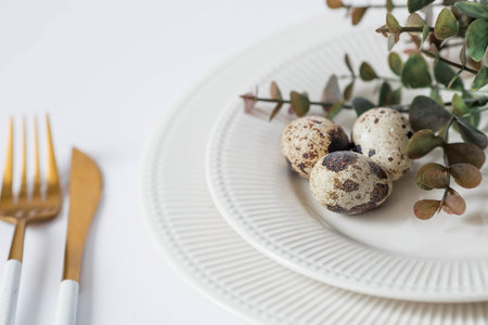 Banner. The concept of a holiday bright. Easter quail eggs in a plate on a white isolated...