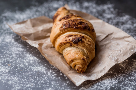 Delicious freshly baked croissants with chocolate on a dark background. french breakfast. Delicious pastries close-up. The context of a bakery with delicious bread. confectionery products.の写真素材