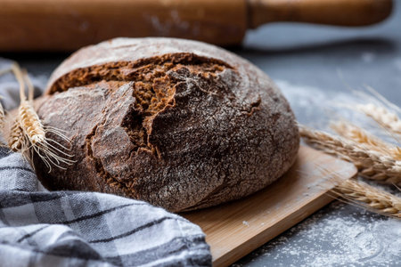 Fresh delicious bread close-up. Freshly baked sourdough bread with a golden crust on a wooden board. The context of a bakery with delicious bread. confectionery products.の写真素材