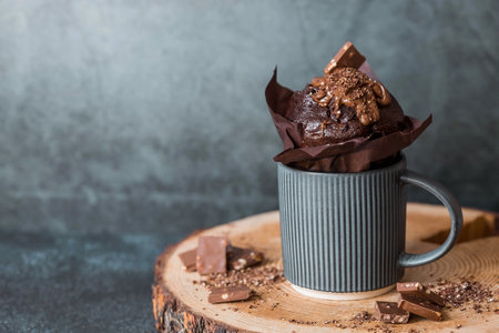 Delicious freshly baked chocolate muffins on a dark background. Delicious cupcake close-up. The context of a bakery with pastries. confectionery products.の写真素材