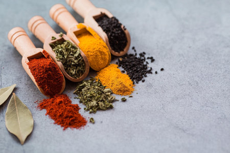 A set of fragrant spices. Turmeric, paprika, herbs and pepper in wooden spoons on a gray background. Free space for text.の写真素材
