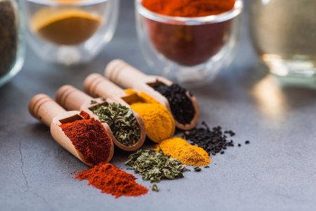 A set of fragrant spices. Turmeric, paprika, herbs and pepper in wooden spoons on a gray background. Free space for text.の写真素材