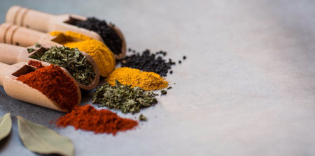 A set of fragrant spices. Turmeric, paprika, herbs and pepper in wooden spoons on a gray background. Free space for text.の写真素材