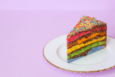 Rainbow birthday cake decorated with a festive candle and confetti. confectionery. Multicolored dessert in the color of the rainbow on a purple background.の写真素材