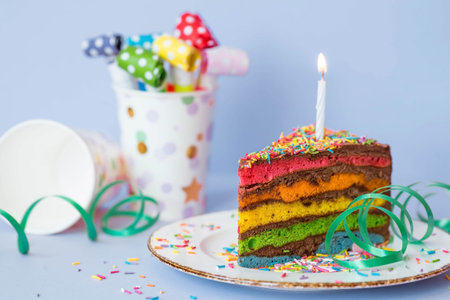 Rainbow birthday cake decorated with a festive candle and confetti. confectionery. Multicolored...