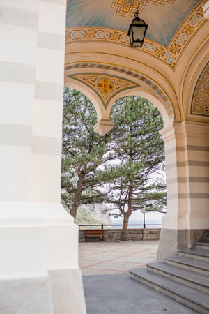 Beautiful Resurrection Church on the mountain by the sea. Foros. Russia, Crimea, October (2018)のeditorial素材