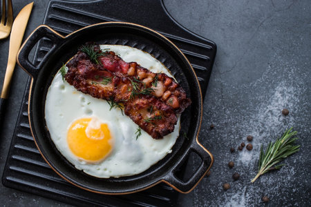 Fried eggs on a stylish ceramic plate with handles with fried bacon on a dark background. Breakfast, lunch and dinner. Delicious food. Cooking.の写真素材