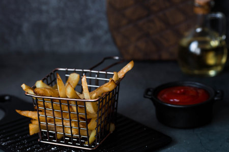 French fries in a metal basket with salt, ketchup and sunflower oil on a stylish board on a dark...