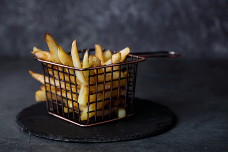 French fries in a metal basket with salt on a stylish board on a dark background. Fried potatoes. The concept of fast food and junk food.の写真素材