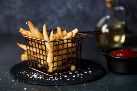 French fries in a metal basket with salt, ketchup and sunflower oil on a stylish board on a dark background. Fried potatoes. The concept of fast food and junk food.の写真素材