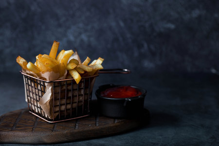 French fries in a metal basket with salt and ketchup on a stylish board on a dark background. Fried potatoes. The concept of fast food and junk food.の写真素材
