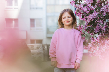 spring flowering. Portrait of a beautiful little girl 4 years old in a pink blouse in nature against a background of pink flowering apple trees. Childhood. The baby is posing.の写真素材