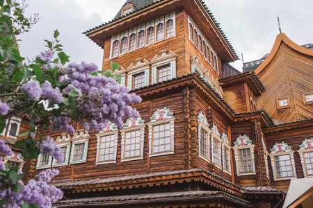 Beautiful, fluffy lilac on the background of the palace of Tsar Alexei Mikhailovich in Kolomenskoye. Russia, Moscow, May 2023のeditorial素材