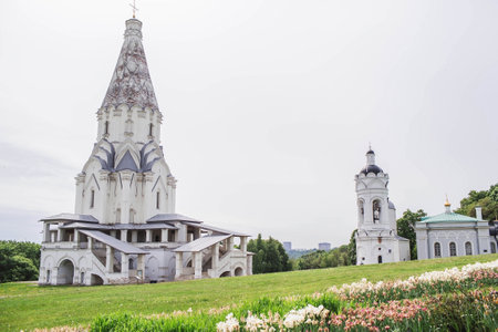 Architectural landmark of the Ascension Church in Kolomenskoye Park in spring. A famous Moscow place and tourist attraction. The business card of Moscow. Kolomenskoye Park, Moscow, May 2023の写真素材