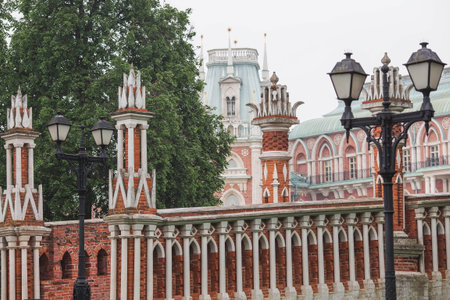 Russia. Shaped bridge in Tsaritsyno Park in Moscow in summer. Tsaritsyn Park is one of the main tourist attractions of Moscow. Russia, May, 2023のeditorial素材