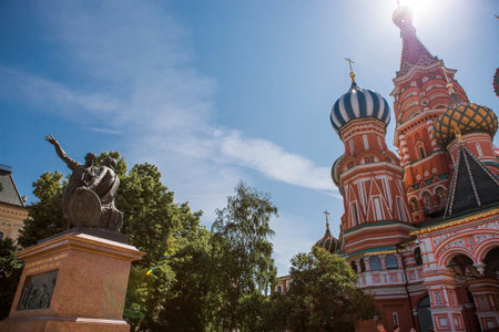 MOSCOW, RUSSIA - JUNE 9, 2023: St. Basil's Cathedral on Vasilievsky Descent on Red Square on a sunny day against a bright blue sky. A popular tourist attraction in Moscow.のeditorial素材
