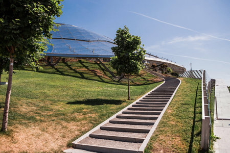 MOSCOW, RUSSIA - JUNE 9, 2023: under the glass dome of the amphitheater in Zaryadye Park in Moscow. The world's largest translucent structure that will keep you warm in winter.のeditorial素材