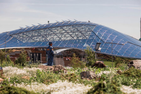 MOSCOW, RUSSIA - JUNE 9, 2023: The dome of the amphitheater in Zaryadye Park in Moscow. The world's largest translucent structure that will keep you warm in winter.のeditorial素材