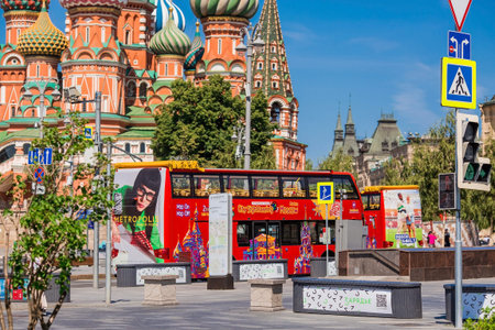 Russia, Moscow, June 2023 The City Sihgtseeng double-decker sightseeing bus runs through the center...