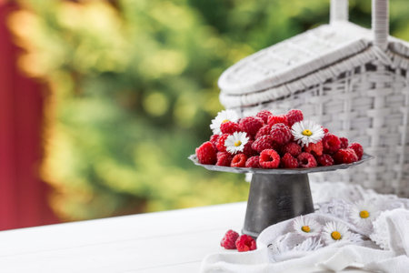 Fruits and berries. summertime. Delicious fresh raspberries on a stylish iron tray in retro style on a white table. Space for text.の写真素材
