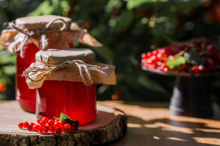 Homemade healthy jelly, red currant jam on the background of a currant bush. Preparation of cans. sweets. Conservation and summer harvest.の写真素材