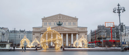 new year. Christmas decorations on the streets of Moscow. Christmas holidays, winter landscape. The Bolshoi Theater in the center of Moscow. Russia, Moscow, 2023のeditorial素材