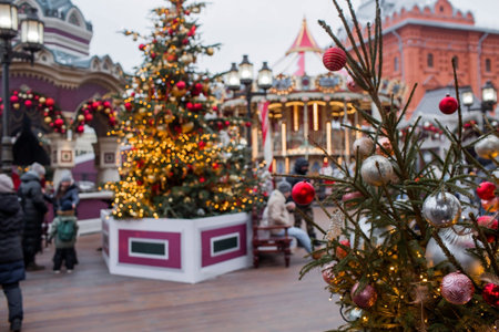 Moscow, Revolution Square. Christmas decoration of the streets. Beautiful festive landscapes in the city. New Year's card 2024.のeditorial素材