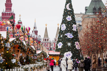 Christmas decoration of Red Square. Beautiful holiday decorations in the city. Christmas decorations of the streets. Moscow, Red Square, December 2023のeditorial素材