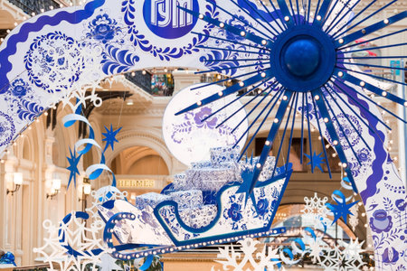 Christmas decoration of the streets. Beautiful landscape festives in the city. GUM. The central store on Red Square. Decoration in the style of Gzhel. Moscow, December 2023の写真素材