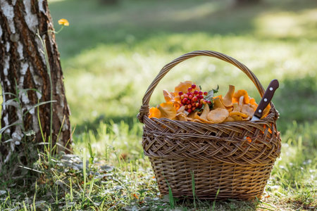 Noble, edible chanterelle mushrooms. Yellow chanterelles in a beautiful wicker basket in a birch forest. Beautiful texture of nature background.の写真素材