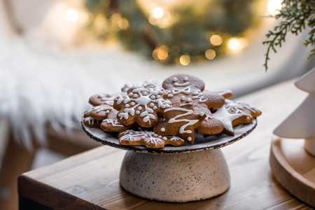 Homemade gingerbread Christmas cookies in icing sugar. Delicious gingerbread cookies on the...
