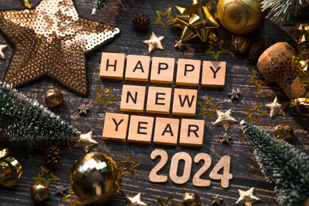 A postcard or banner. A symbol from the number 2024 with golden balls, stars, sequins and a beautiful bokeh on a wooden background. Happy New Year 2024. The concept of the celebration.の写真素材