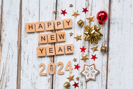 A postcard or banner. A symbol from the number 2024 with red Christmas tree toys, stars, sequins and...