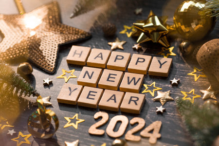 A postcard or banner. A symbol from the number 2024 with golden balls, stars, sequins and a beautiful bokeh on a wooden background. Happy New Year 2024. The concept of the celebration.の写真素材