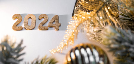 Banner. Happy New Year and Merry Christmas. Golden numbers 2024, snow, fir branches and Christmas...