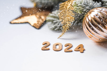 Banner. Happy New Year and Merry Christmas. Golden numbers 2024, snow, fir branches and Christmas tree toys on a white background. The flyer. Invitation.の写真素材