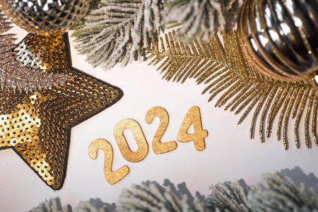 Happy New Year and Merry Christmas background with Christmas tree and decoration.の写真素材