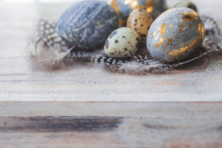 Happy Easter 2024. Stylish gray Easter eggs in the color of marble, concrete, gold and beautiful...