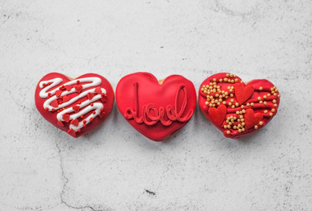 Homemade ginger cookies in the shape of a heart in red icing sugar. Delicious ginger cookies heart...