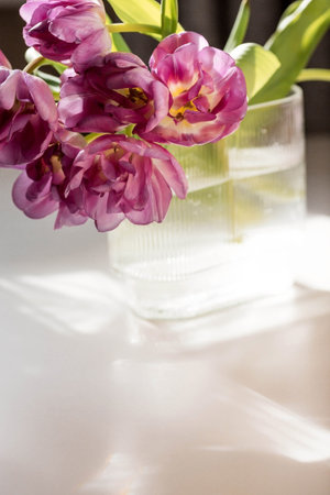 A bouquet of pink tulips in a beautiful stylish vase on the table in the room. The concept of the onset of spring and International Women's Day on March 8.の写真素材