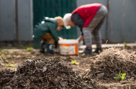 Clean-up day in early spring. Piles of old leaves in the foreground are in focus. A woman and a child are doing general cleaning in the garden in the background. People clean the lawn of dry leaves in the spring season. Gardening. Garden cleaning.の写真素材